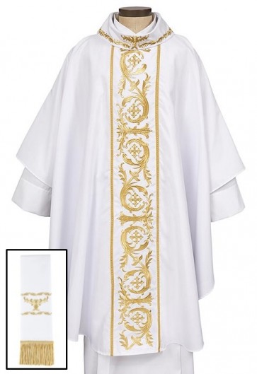 R.J. Toomey Capella Collection White Gothic-Style Chasuble with Cowl Neck and Inner Stole