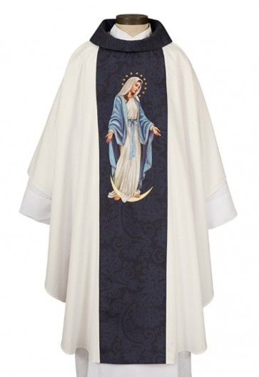R.J. Toomey Our Lady of Grace Ivory Gothic-Style Chasuble with Cowl Neck and Inner Stole