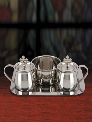 Sudbury Brass Stainless Steel Cruet Set with Matching Tray and Bowl