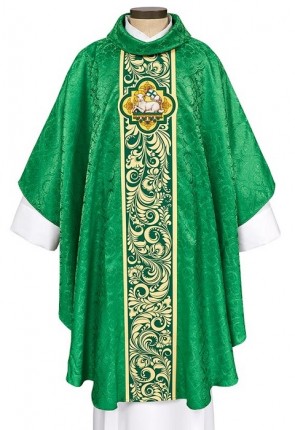 R.J. Toomey Agnus Dei Collection Green Gothic-Style Chasuble with Cowl Neck and Inner Stole