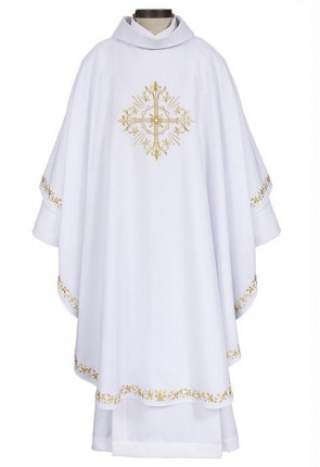 R.J. Toomey Holy Trinity Cross Collection White Gothic-Style Chasuble with Cowl Neck and Inner Stole