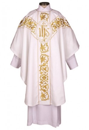 R.J. Toomey Roma Collection White Chasuble with Round Neck and Inner Stole