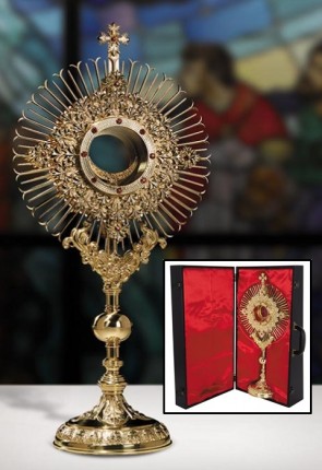 Sudbury Brass Ornate Jeweled Monstrance with Lined Case